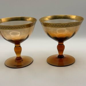 2 Vintage Tiffin-Franciscan Minton Amber Cordial Glass gold laurel leaf band